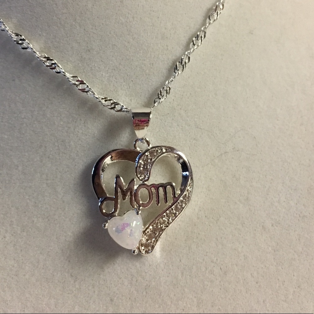 Mom Sterling Silver Opal Heart Necklace